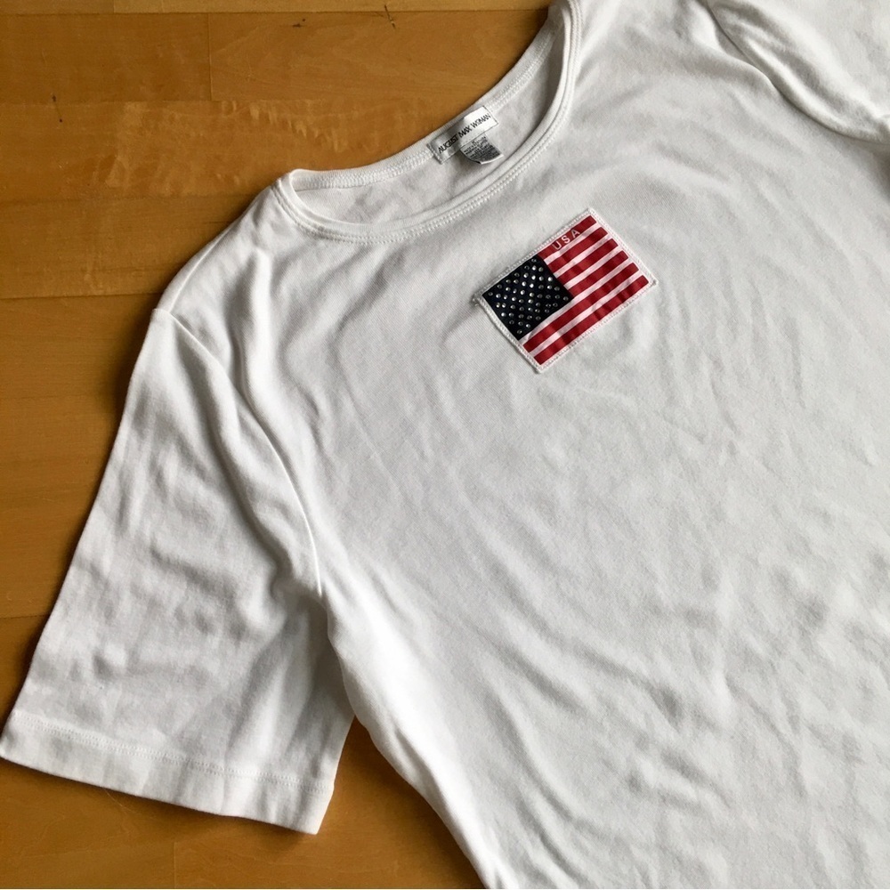 August Max Woman American Flag Rhinestone Bling Tee, White, Size X (Plus)